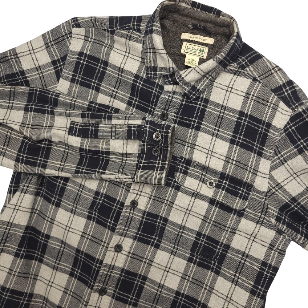 L.L. Bean Flannel Jacket Mens MT Gray Plaid Fleece Lined Flannel Button Front